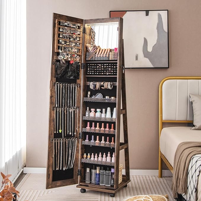 CHARMAID Jewelry Cabinet Armoire with Wheels, 64" H Full Length Mirror, 3-Color LED Lights, Height Adjustable Shelves, Lockable Standing Jewelry Organizer with Back Storage Shelves (Rustic Brown)