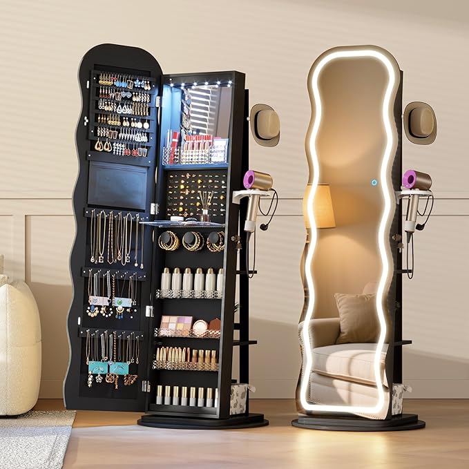 Vlsrka LED Mirror Jewelry Cabinet Standing, 360° Swivel Jewelry Aromire Organizer with Wavy Mirror, Lockable Jewelry Mirror with Storage, Jewelry Cabinet, Interior Mirror, Flodable Shelf, Black