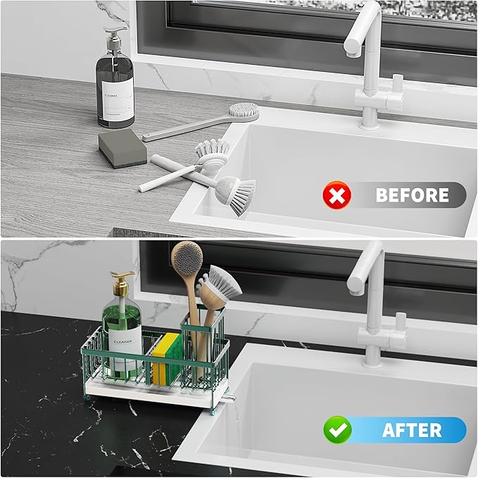 Cisily Sponge Holder for Kitchen Sink, Sink Caddy Organizer with High Brush Holder, Kitchen Countertop Organizers and Storage Essentials, Rustproof 304 Stainless Steel (Dark Green, 9.25″)