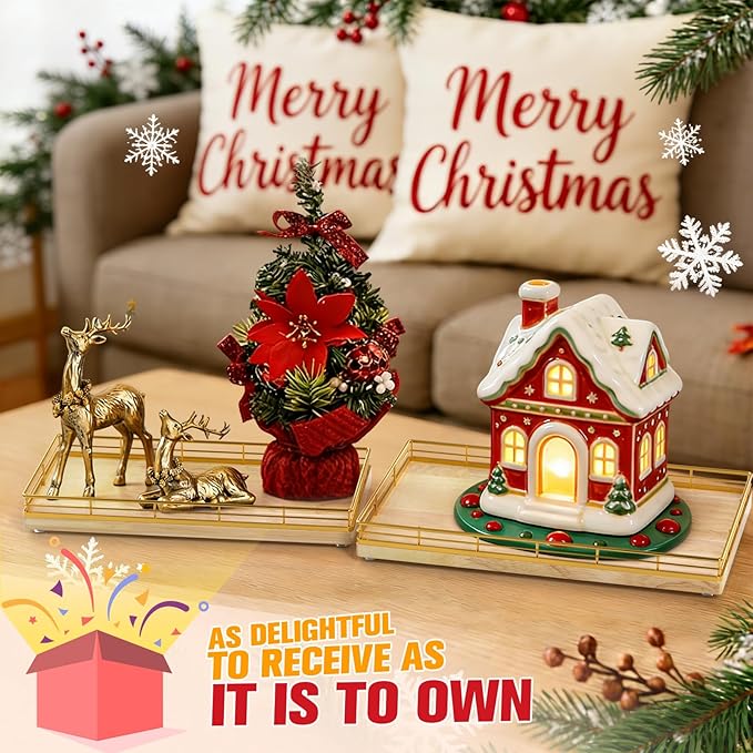 Bathroom Vanity Tray – 12" x 6" Oak Decorative Wooden Tray for Toilet Tank Organizer Wood Tray for Bathroom Countertop, Soap, Perfume & Storage, Vanity & Dresser Decor, Gold & Natural Oak