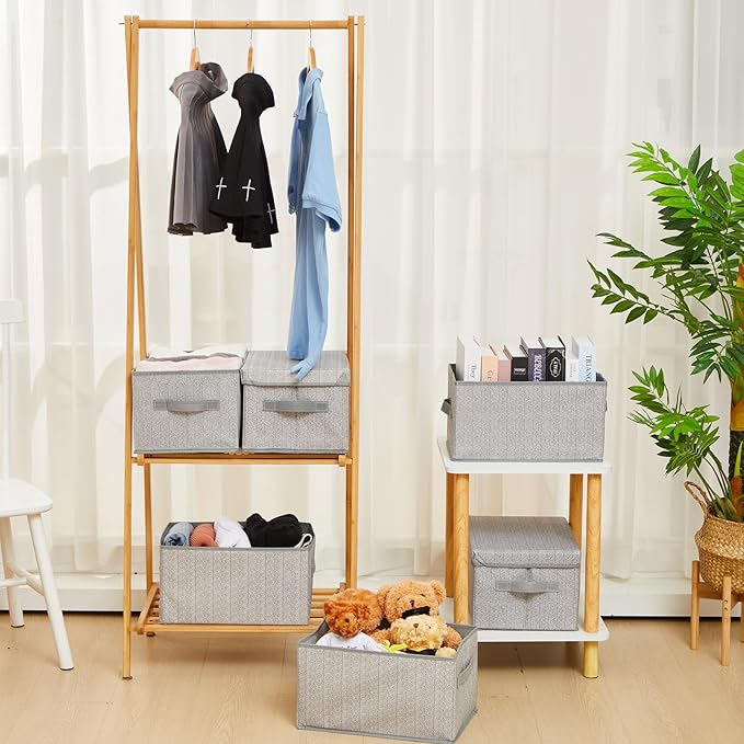 LemonRoad 6 Pack 14'' x 10'' x 8'' Collapsible Storage Bins with Removable Lids, Fabric Closet Organizers with Handles, Foldable Memory Boxes for Organizing Shelves Nursery Bedroom, Home Closet, Gray