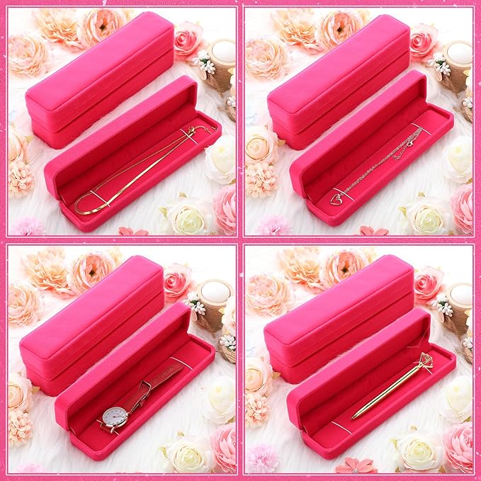 Batiyeer 24 Pcs Velvet Bracelet Box Bulk Jewelry Chain Necklace Box Bracelet Storage Case Long Jewelry Case for Valentine Wedding Pendant Display, 8.86 x 2.13 x 1.38 Inch(Hot Pink)