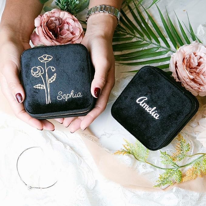 Customizable Compact Velvet Jewelry Box with Mirror, Travel Jewelry Case, Travel Jewelry Organizer, Jewelry Box for Women and Girls, Small Jewelry Organizer (Flower Design, Black)