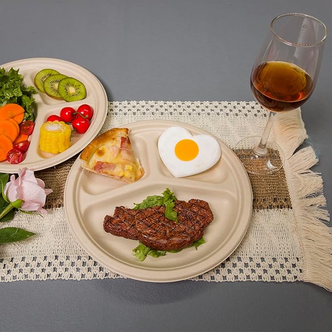 150pack 3 compartment,10inch Disposable Heavy Duty Eco Friendly Round Divided Paper Plates,Compostable Sugarcane Bagasse Sectional Plates disposable For Dinner