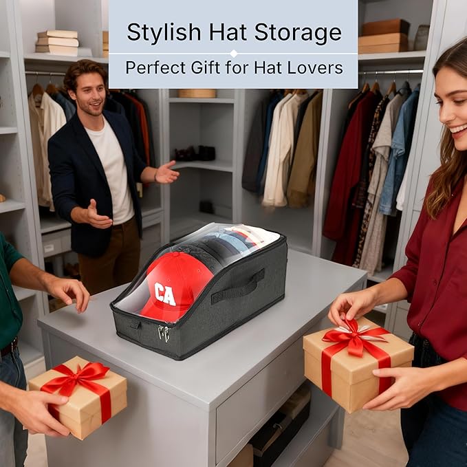 Hat Organizer for Baseball Caps, Hat Storage Holder Container for Closet Hold Up to 15 Caps with Clear Window, Hat Boxes for Home Storage (2 Pcs Dark Gray