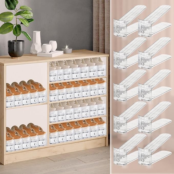 10 PACK Transparent Shoe Stacker,Shoe Slots Organizer for Closet, Shoe Display Space Saver,Adjustable Shoe Rack Organizer Holder for High Heels,Sneakers(Transparent)