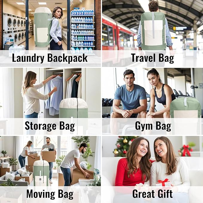 Laundry Bag Backpack, 125L Extra Large Laundry Backpack with Shoulder Straps, Adjustable Extendable Laundry Hamper Bag with 3 Pockets for College, Travel, Camping (Green)