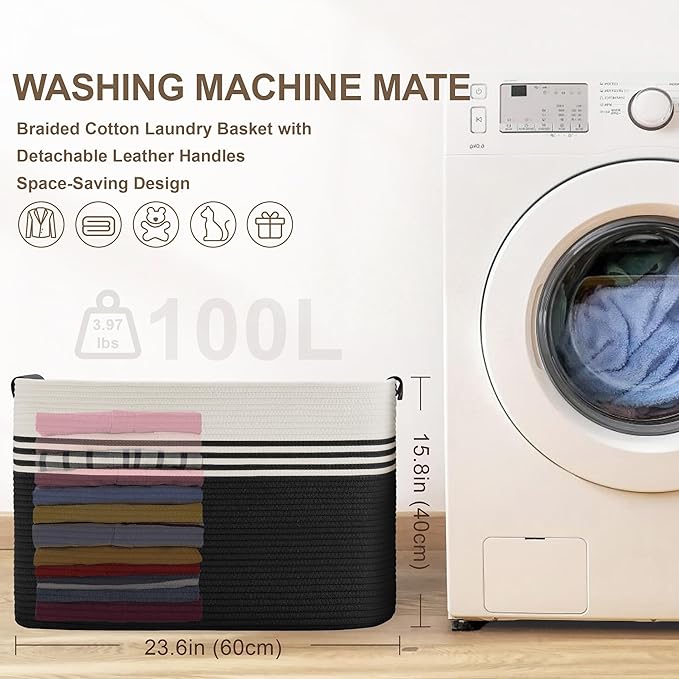 100L Extra Large Laundry Basket with Leather Handles for Living Room Storage, Woven Rope Baskets for Blanket, Kids Toy, Gifts, Wicker Hamper for Bedroom Dirty Clothes, 24"x16"x16" White Black