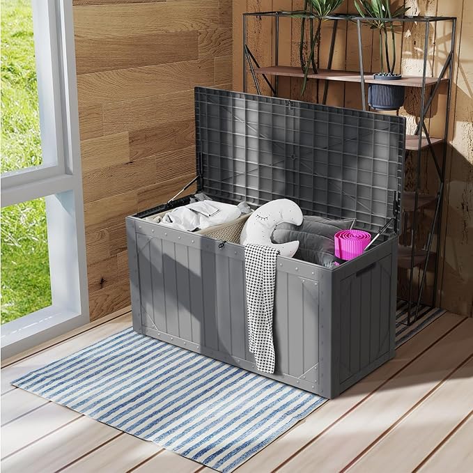 110 Gallon Resin Deck Box Waterproof Outdoor Storage Box for Patio Furniture Pool Accessories Indoor Storage for Cushion Garden Tools, Gray