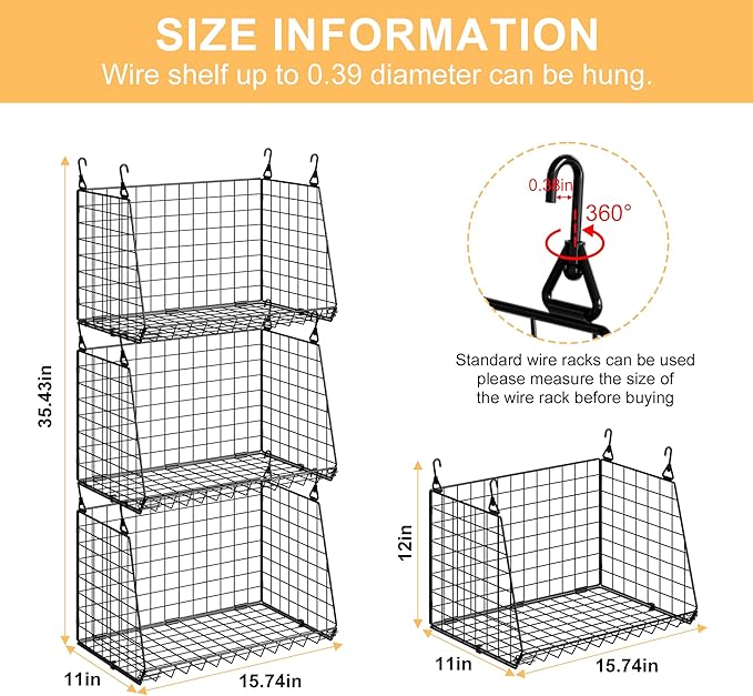 3-Pack Hanging Laundry Baskets, Foldable Metal Wire Shelves with 360° Rotating Hooks, Space-Saving Over Washer/Dryer or Closet Storage for Laundry Room & Closet Organization, Black