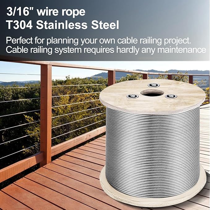 BLIKA 1000FT 3/16" Stainless Steel Cable, 304 Stainless Steel Decking Railing Cable with 7 x 19 Strand Construction, 3700lbs Breaking Strength Marine Grade for Rail, Deck and DIY Balustrade