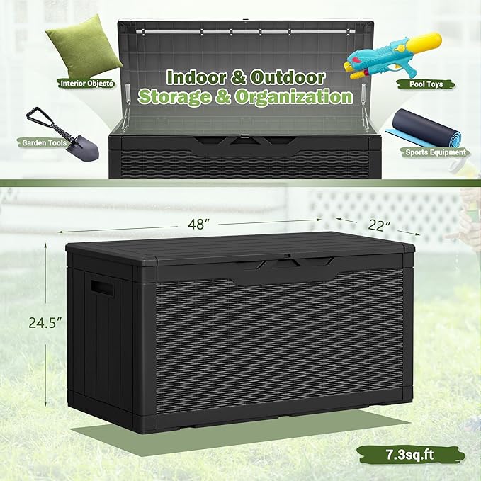 Homall 100 Gallon Deck Box Large Resin Waterproof Outdoor Storage Box with Padlock and Built-in Handles Storage Container for Cushions, Toys and Garden Tools (Black)