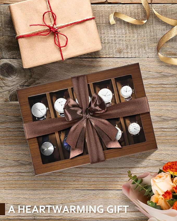 Uten Watch Box with 10 Slots, Watch Case Organizer with Golden Lock and Key, Wooden Watch Display Storage Box with Removable Watch Cushions, Velvet Lining, Metal Clasp, Gift for Men & Women