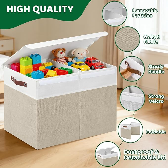 Large Toy Storage Box With Lid, Foldable Toy Storage Box with Handle and Dividers,Toy Storage Chest Suitable for living rooms, studies and bedrooms(24"X13"X16",White & Beige)