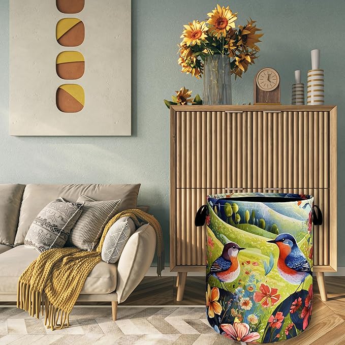Birds With Flowers Laundry Hamper Foldable With Handles Bird Tote Bag Universal Oxford Cloth Colorful Laundry Basket Clothes Toy Storage Bucket 18.9"x16.5 "For Bathroom/Laundry/Bedroom