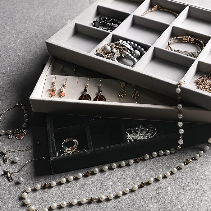 Frebeauty Stackable Velvet Jewelry Organizer Trays for Drawers Inserts Jewelry Storage Tray Display Case, Stud Earrings Bracelets Necklace Rings Trays for Women Girls(Set of 2)(Grey)