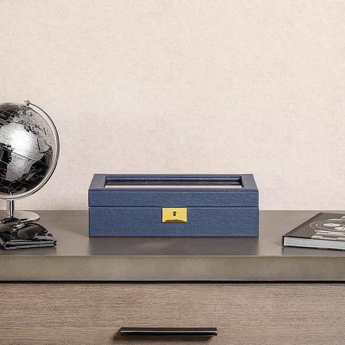 ROTHWELL 10 Slot Leather Watch Box - Luxury Case Display Jewelry Organizer - Locking Watch Display Case Holder with Large Glass Top - Box Organizer for Men and Women (Blue/Tan)