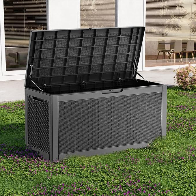 Vixzen 120 Gallon Waterproof Large Deck Box, Lockable Resin Outdoor Storage Box with Hydraulic Lid, Durable Storage Bin for Patio Furniture Cushions, Garden Tools, Pool Accessories, Black