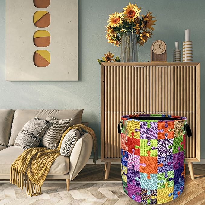 Colorful Autism Puzzles Laundry Basket With Handles Tote Bag Oxford Cloth Laundry Hamper 18.9" x 16.5 "Foldable Clothes Storage Bucket Toy Organizer For Bathroom/Laundry/Bedroom