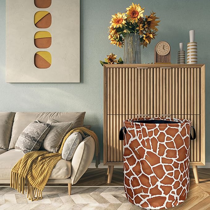 Giraffe Texture Laundry Basket With Handles Oxford Cloth Tote Bag Animals Laundry Hamper 18.9"x16.5" Foldable Clothes Storage Bucket Toy Organizer For Bathroom/Laundry/Bedroom