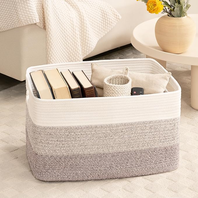 72L Large Laundry Basket with Leather Handles for Living Room Storage, Woven Rope Baskets Bin for Blanket, Kids Toy, Gifts, Wicker Hamper for Bedroom Dirty Clothes, 22"x17"x12" Gradient Brown