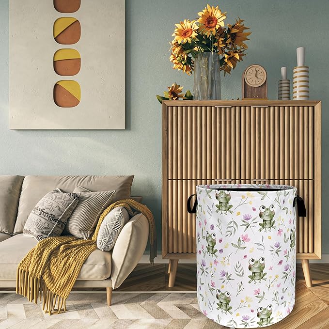 Cute Frog Laundry Hamper Foldable With Handles Kawaii Frogs Tote Bag Universal Oxford Cloth Funny Laundry Basket Clothes Toy Storage Bucket 18.9" x 16.5" For Bathroom/Laundry/Bedroom