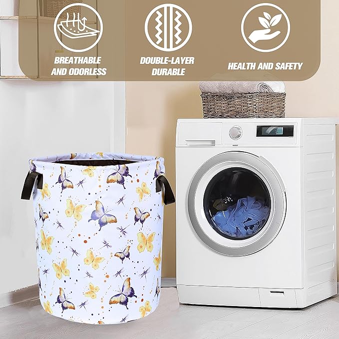 Butterfly Laundry Basket Colorful Animals Foldable Oxford Cloth Tote Bag Laundry Hamper Clothes Storage Bucket Organizer For Bathroom/Laundry Storage/Bedroom Storage Basket 17.7x13.7Inch