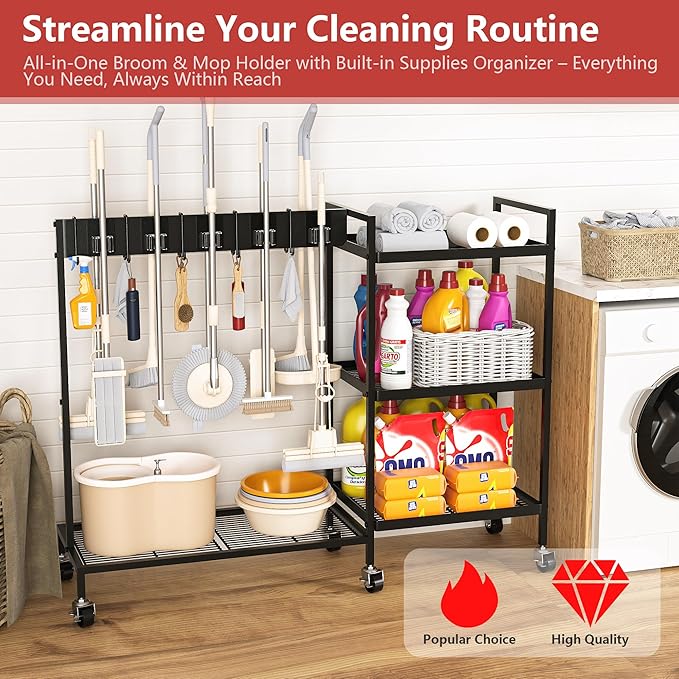 GIOTORENT Metal Cleaning Cart with Wheels - Rolling Broom Holder & Supplies Organizer, 10 Adjustable Clips, 5 Double-Hooks, 3-Tier Shelves, Brakes for Home, Commercial, Black