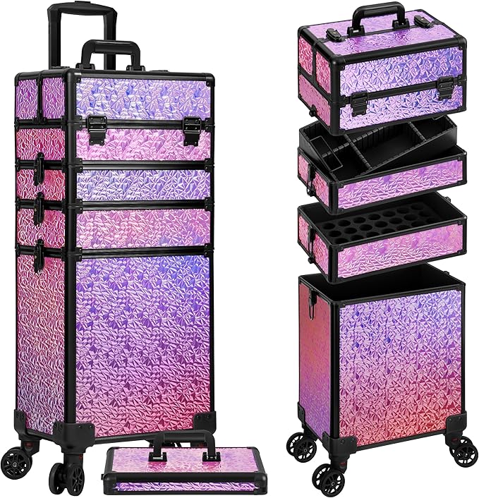 Profesional Rolling Makeup Train Case with Lid, 5 in 1 Cosmetology Case on Wheels, Large Cosmetic Trolley Organizer Travel for Hairstylist Artist Nail Beauty Salon Barber, Gravel Pink