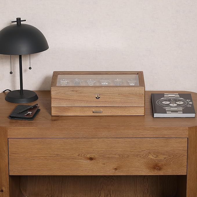 ROTHWELL 12-Slot Solid Walnut Watch Box with Valet Drawer - Premium Jewelry Display Case Organizer with Locking Glass Top and Microsuede Liner for Men & Women (Tan Interior)