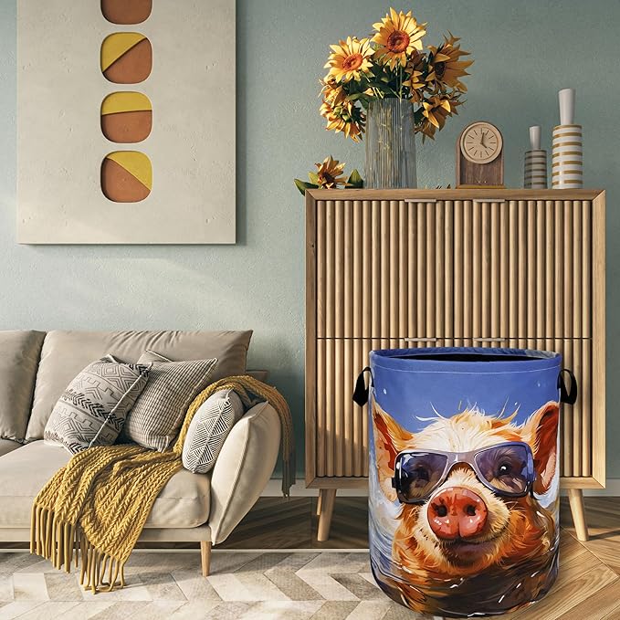 Funny Pig Laundry Hamper Foldable With Handles Summer Pigs Tote Bag Universal Oxford Cloth Animal Laundry Basket Clothes Toy Storage Bucket 18.9" x 16.5" For Bathroom/Laundry/Bedroom