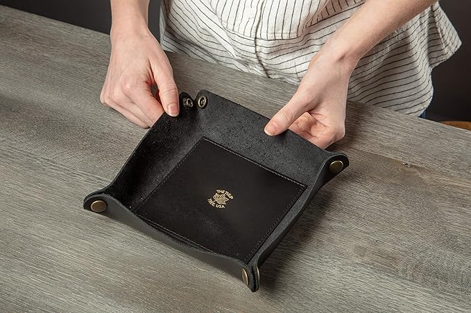USA Handmade Premium Leather Valet Tray, Folds Flat! Dice Rolling Basket and Organizer with Brass Snaps - for Keys, Jewelry, Coin, EDC, Watch Storage Caddy - Black Medium