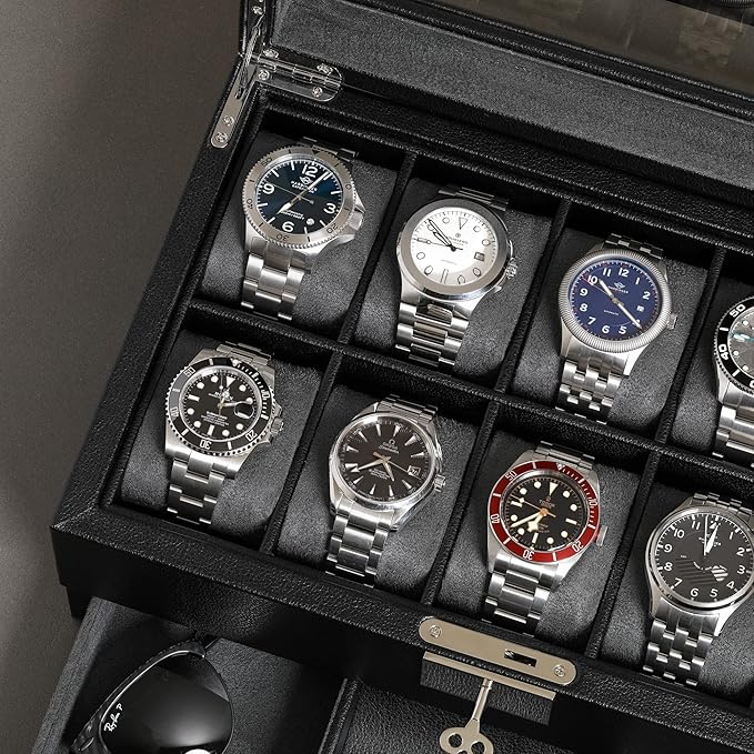 ROTHWELL 10-Slot Watch Box in Leather with Valet Drawer, Luxury Watch Case Display Organizer with Ultra Soft Microsuede Liner, Jewelry and Sunglass Holder With Large Glass top (Black/Grey)