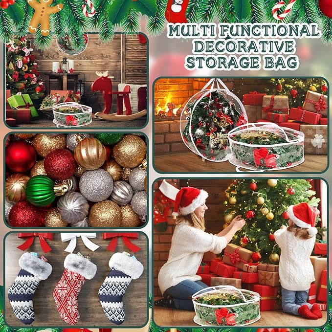 Zhengmy 10 Pcs 24 Inch Christmas Wreath Storage Bags Transparent Wreath Storage Container Bulk Wreaths Box with Dual Zippers and Handles for Xmas Holiday Wreaths Garland