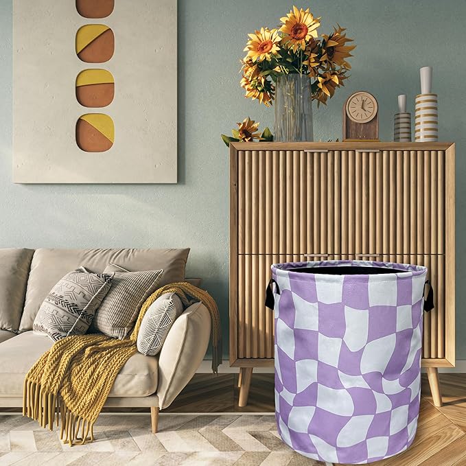 Funny Purple Checkerboard Laundry Basket With Handles Oxford Cloth Tote Bag Colorful Laundry Hamper 18.9" x 16.5 "Foldable Clothes Storage Bucket Toy Organizer For Bathroom/Laundry/Bedroom