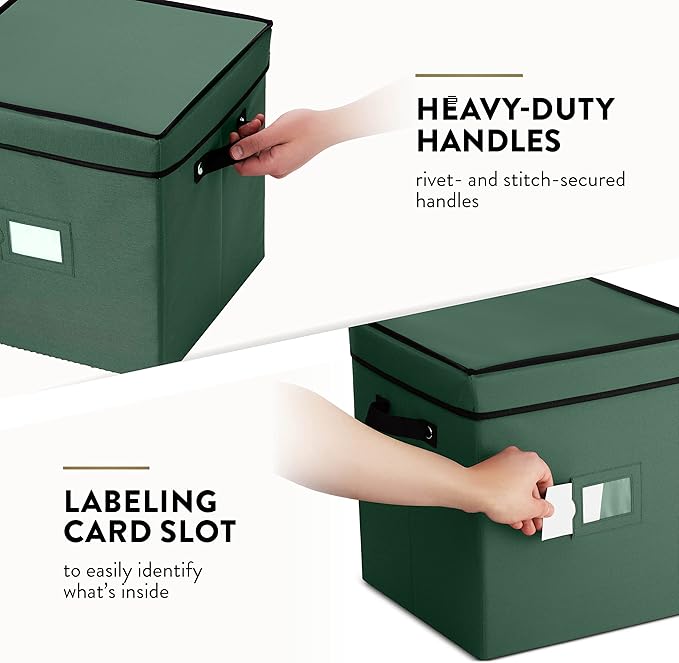 Zober Christmas Ornament Storage Box - Stores 64 Ornaments - Non-Woven, Tear- Proof Christmas Ornament Storage Containers - 3 Inch Cube Compartments - Green