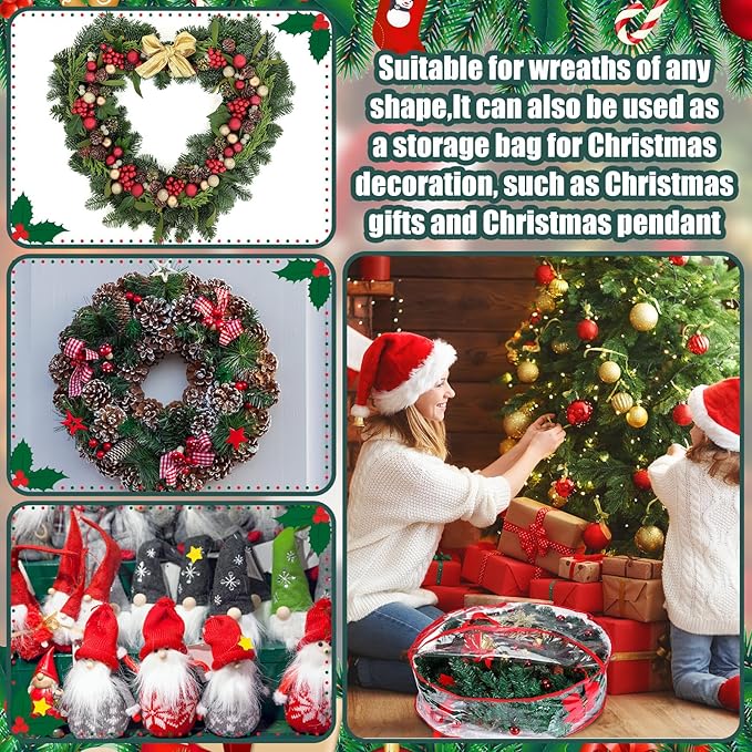 Shappy 6 Pieces Christmas Wreath Storage Container 30 Inch Wreath Plastic Storage Bags with Dual Zippers and Handles for Xmas Thanksgiving Holiday Artificial (Clear,Red)