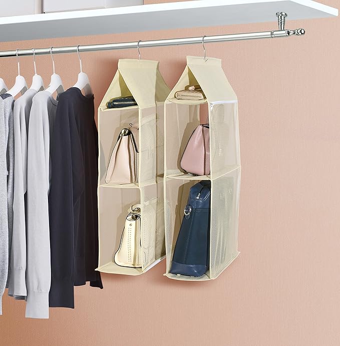 Detachable 4 Compartment Pouch Hanging Handbag Organizer Clear Purse Bag Storage Holder Wardrobe Closet Space Saving Organizers System for Living Room Bedroom(Pack of 2 Beige)