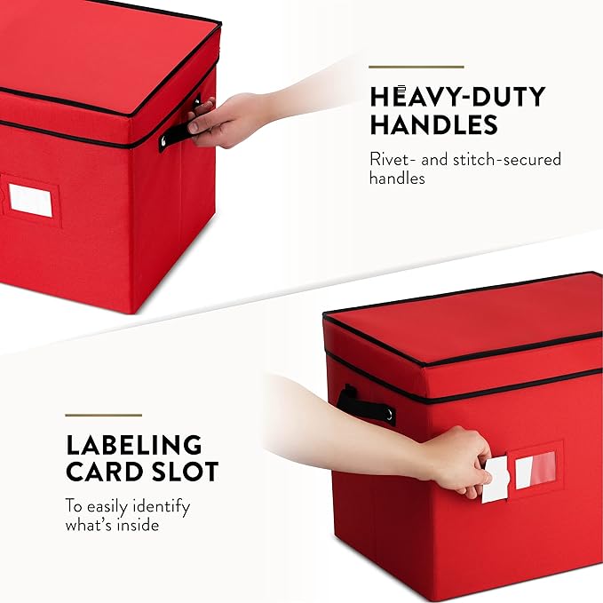 ZOBER Christmas Ornament Storage Box - Stores 128 3" Ornaments with Individual Trays - Tear Proof 600D Oxford Fabric - ornament organizer storage box, Durable Christmas Containers Holder - Red