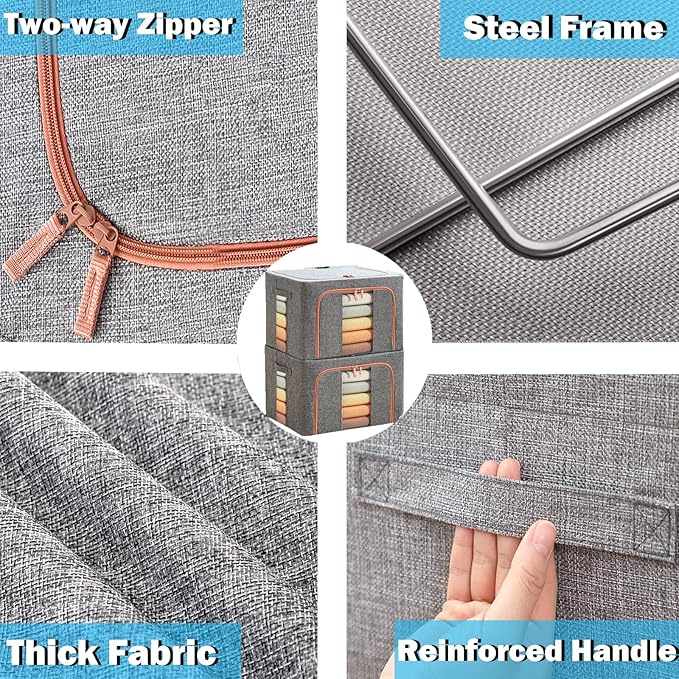 100L Large Storage Bags,Stackable Clothes Storage Bins with Hold Shape Metal Frame,Foldable Closet Organizer Containers with Zipper,Clear Window,Thick Fabric for Seasonal Clothing (Gray, 4 Pack)