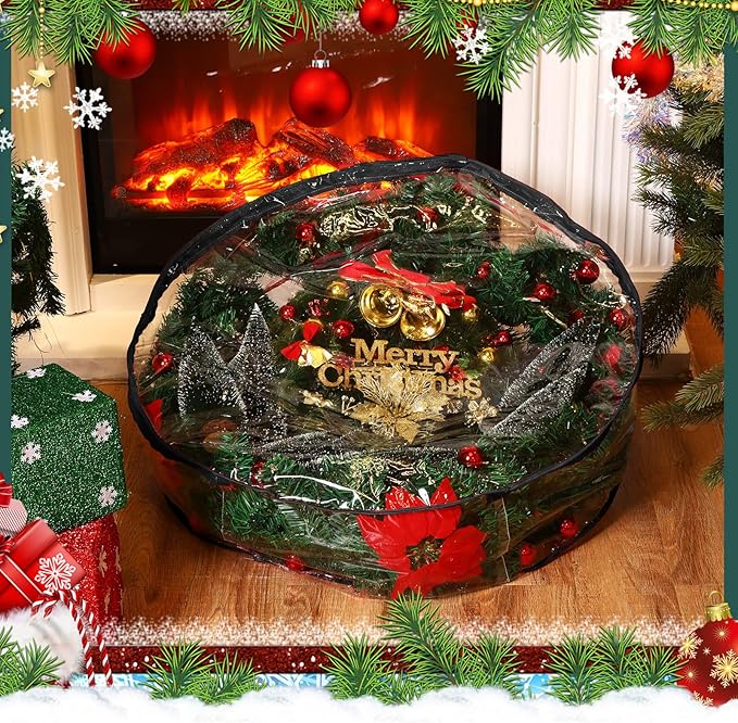 Shappy 4 Pieces Clear Christmas Wreath Storage Container 24 Inches Xmas Wreath Storage Bag Plastic Christmas Garland Container with Dual Zippers and Reinforced Handles for Xmas Seasonal (Black)