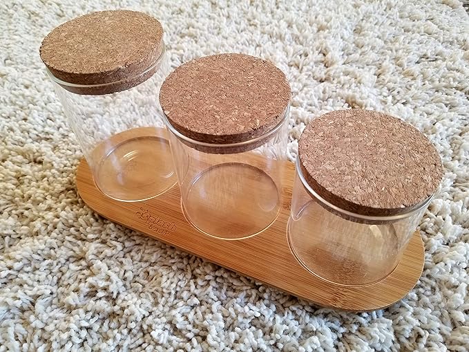 Glass Jar Set on Bamboo Tray, Natural Cork Lids, Bath Item Qtip Cotton Ball Canisters, Seasonal Display Decor, Centerpiece