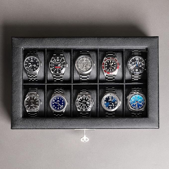 ROTHWELL 10 Slot Leather Watch Box - Luxury Case Display Jewelry Organizer - Locking Watch Display Case Holder with Large Glass Top - Box Organizer for Men and Women (Black/Grey)