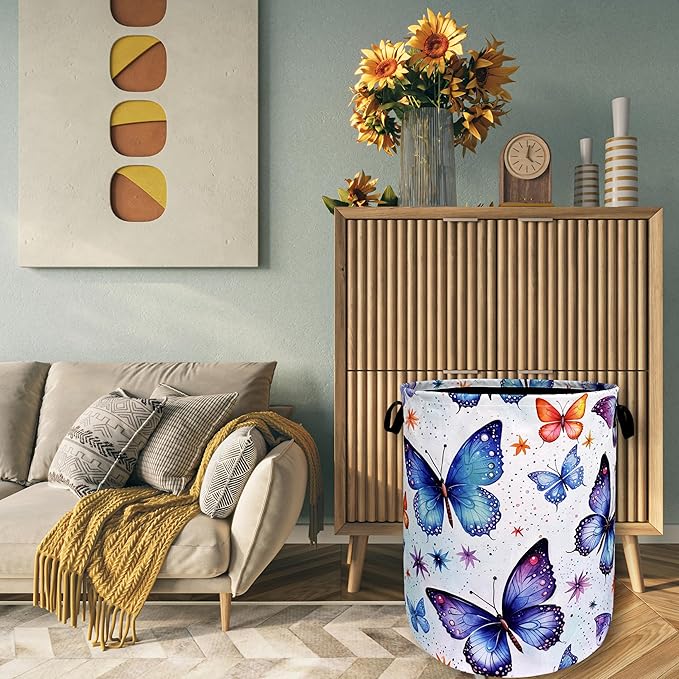 Beautiful Butterfly Laundry Hamper Foldable With Handles Tote Bag Universal Oxford Cloth Colorful Laundry Basket Clothes Toy Storage Bucket 18.9" x 16.5" For Bathroom/Laundry/Bedroom