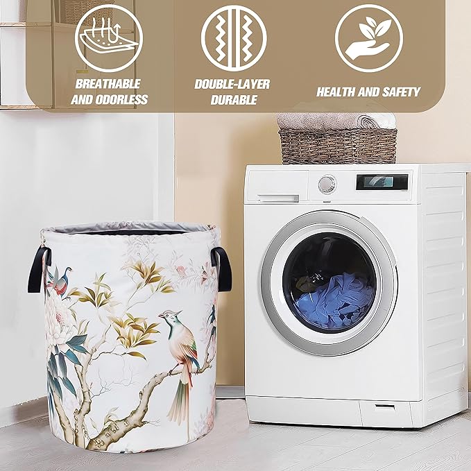 Bird Flower Laundry Basket Chinese Style Foldable Oxford Cloth Funny Tote Bag Laundry Hamper Clothes Storage Bucket Organizer For Bathroom/Laundry Storage/Bedroom 17.7x13.7Inch