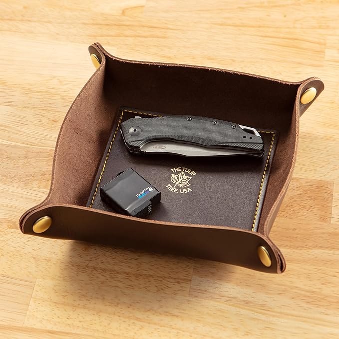 USA Handmade Premium Leather Valet Tray, Folds Flat! Dice Rolling Basket and Organizer with Brass Rivets (Brown Gold, Medium)