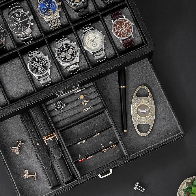 BEWISHOME Watch Box for Men, 12-Slot Watch Case with Drawer, 2-Layer Mens Jewelry Box with Large Glass Lid, Watch Display Case Watch Holder Organizer Watch Storage for Men Women Black, SSH02L