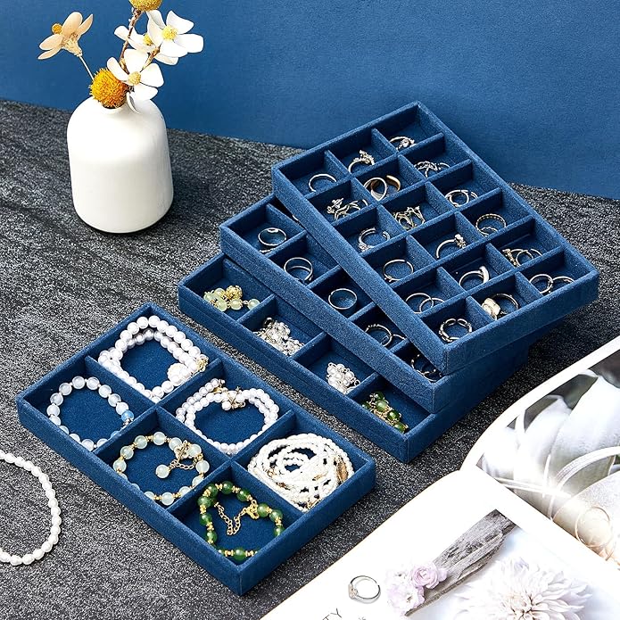 Junkin 12 Pcs Jewelry Tray Velvet Stackable Jewelry Organizer Trays Divided Earring Accessories Storage Containers Box (Rose Red)