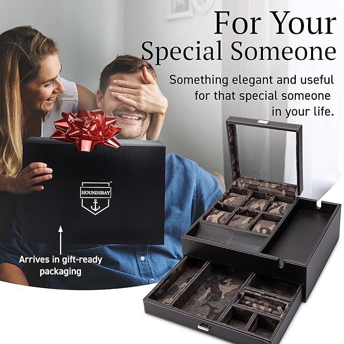 HOUNDSBAY Commander Dresser Valet Watch Box Case, Camo Gifts for Men, Mens Jewelry Box Organizer