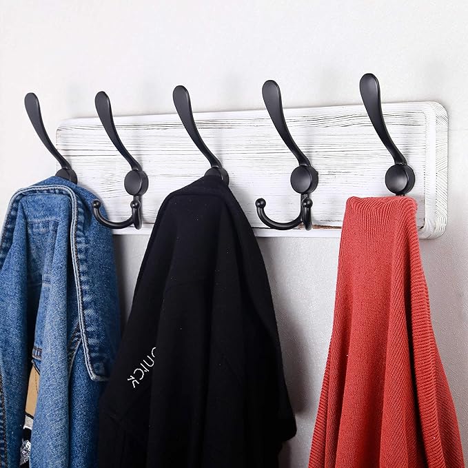 SKOLOO Rustic Wall Mounted Coat Rack: Pine Real Wood Plank Wall Coat Rack with 5 Triple Hooks, Farmhouse Coat Hanger Wall Mount for Hanging Backpack Jacket Coat Hat,Pack of 2